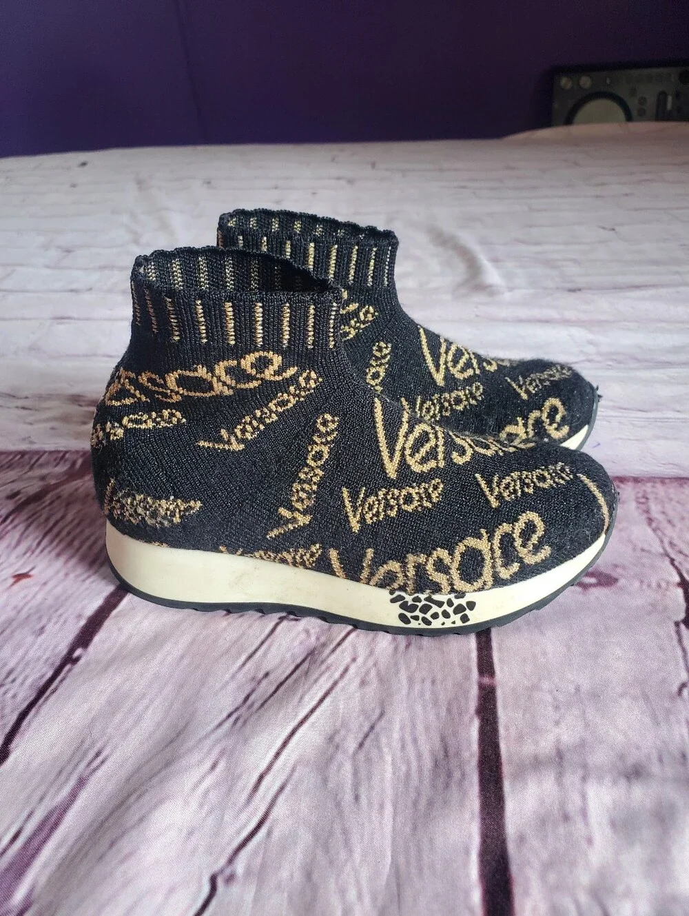 Versace Toddler Sneakers Shoes Sz 26 Sock-fit Knit Slip-on Ankle Black & Golden